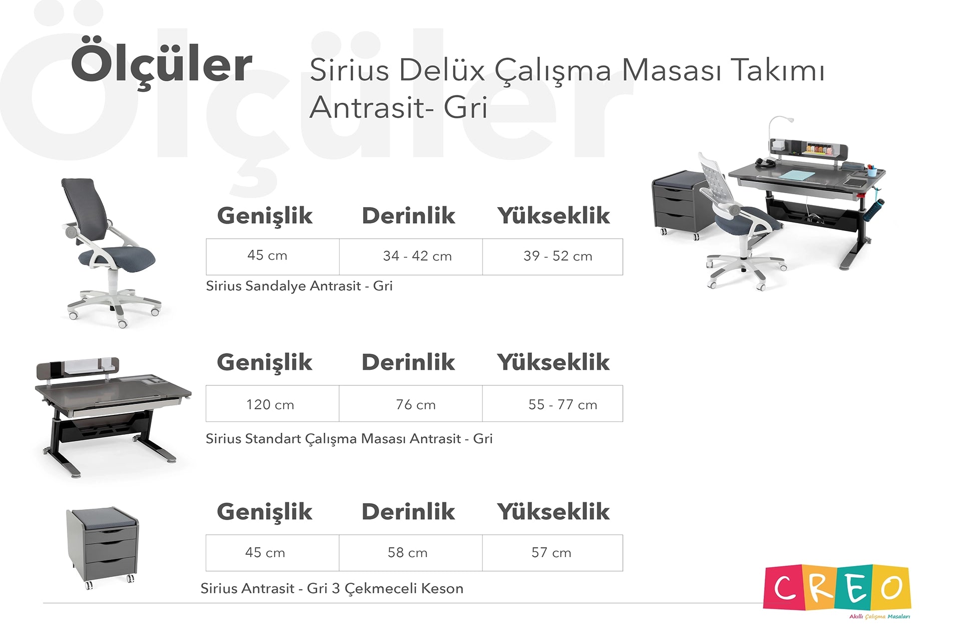 Sirius Delüx Çalışma Masası Takımı - Antrasit / Gri