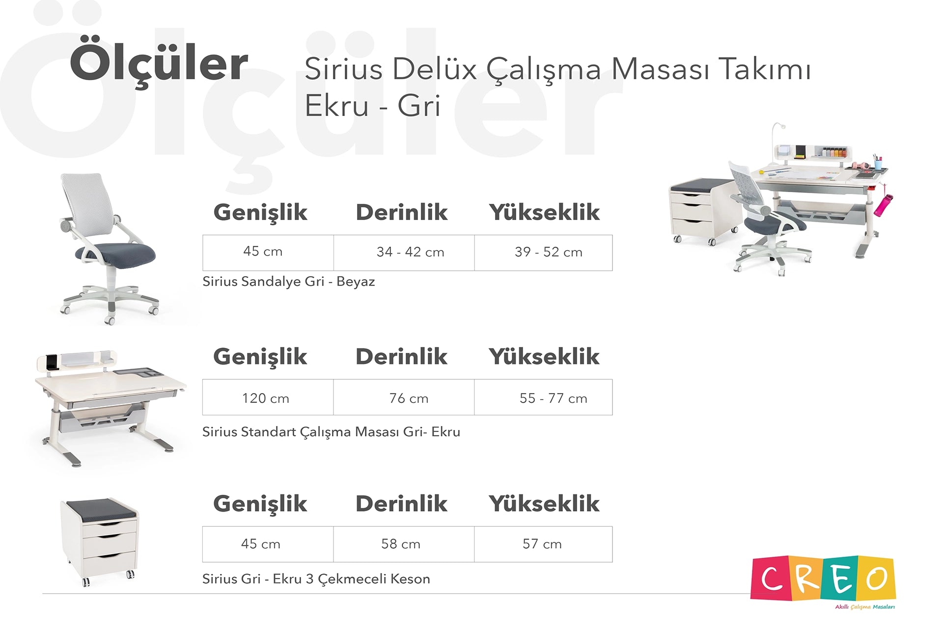 Sirius Delüx Çalışma Masası Takımı - Ekru / Gri