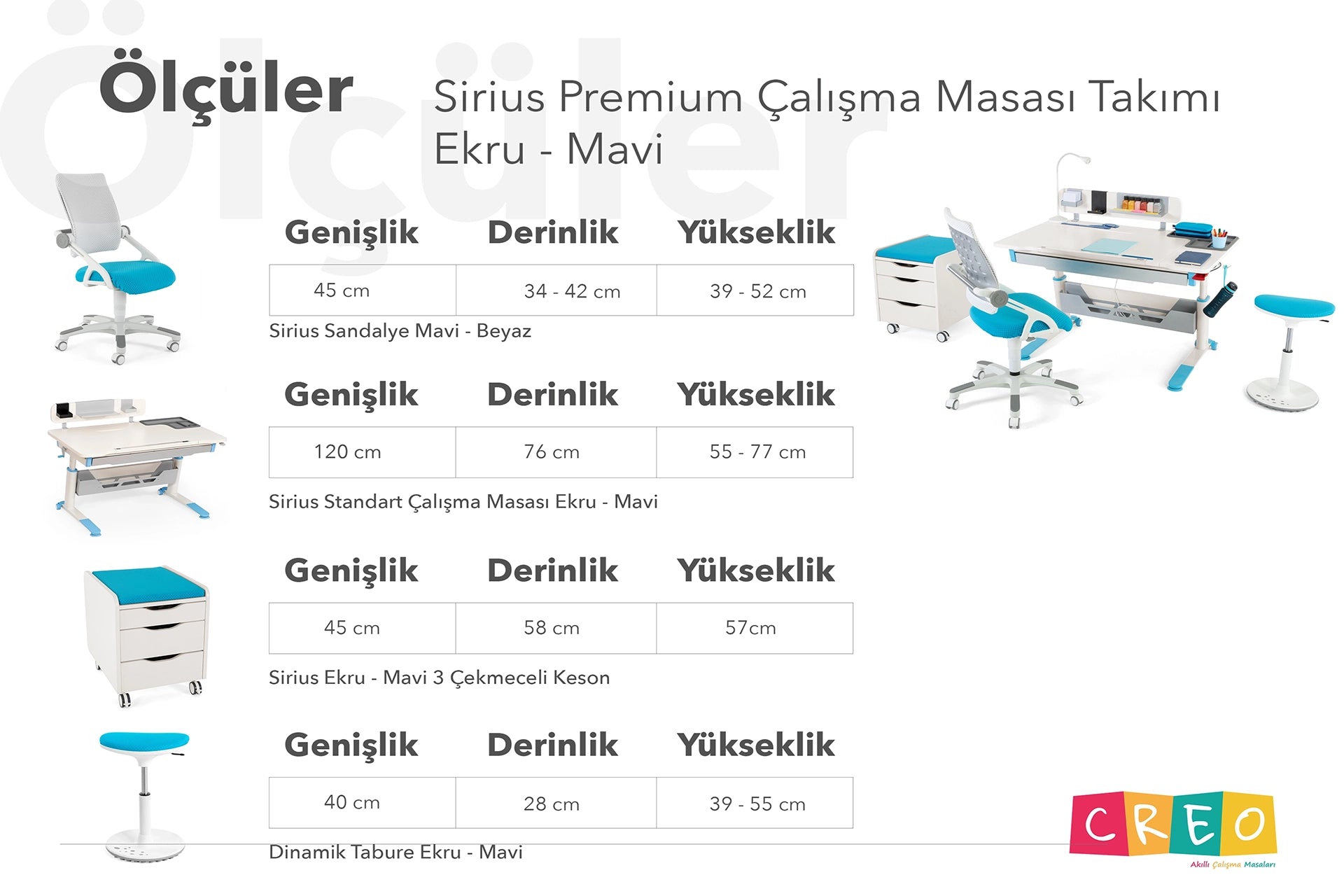 Sirius Premium Çalışma Masası Takımı - Ekru / Mavi