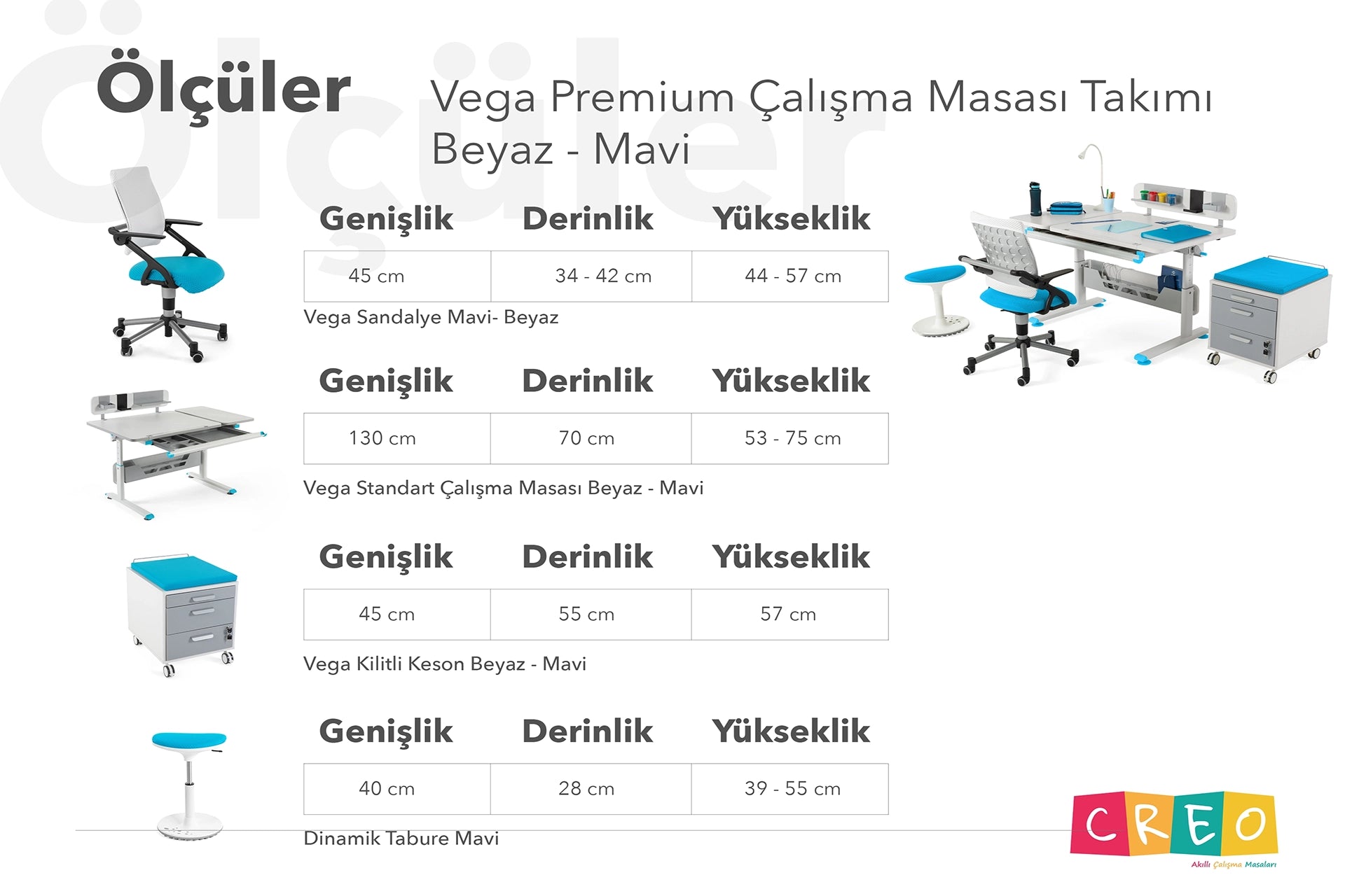 Vega Premium Çalışma Masası Takımı - Beyaz / Mavi