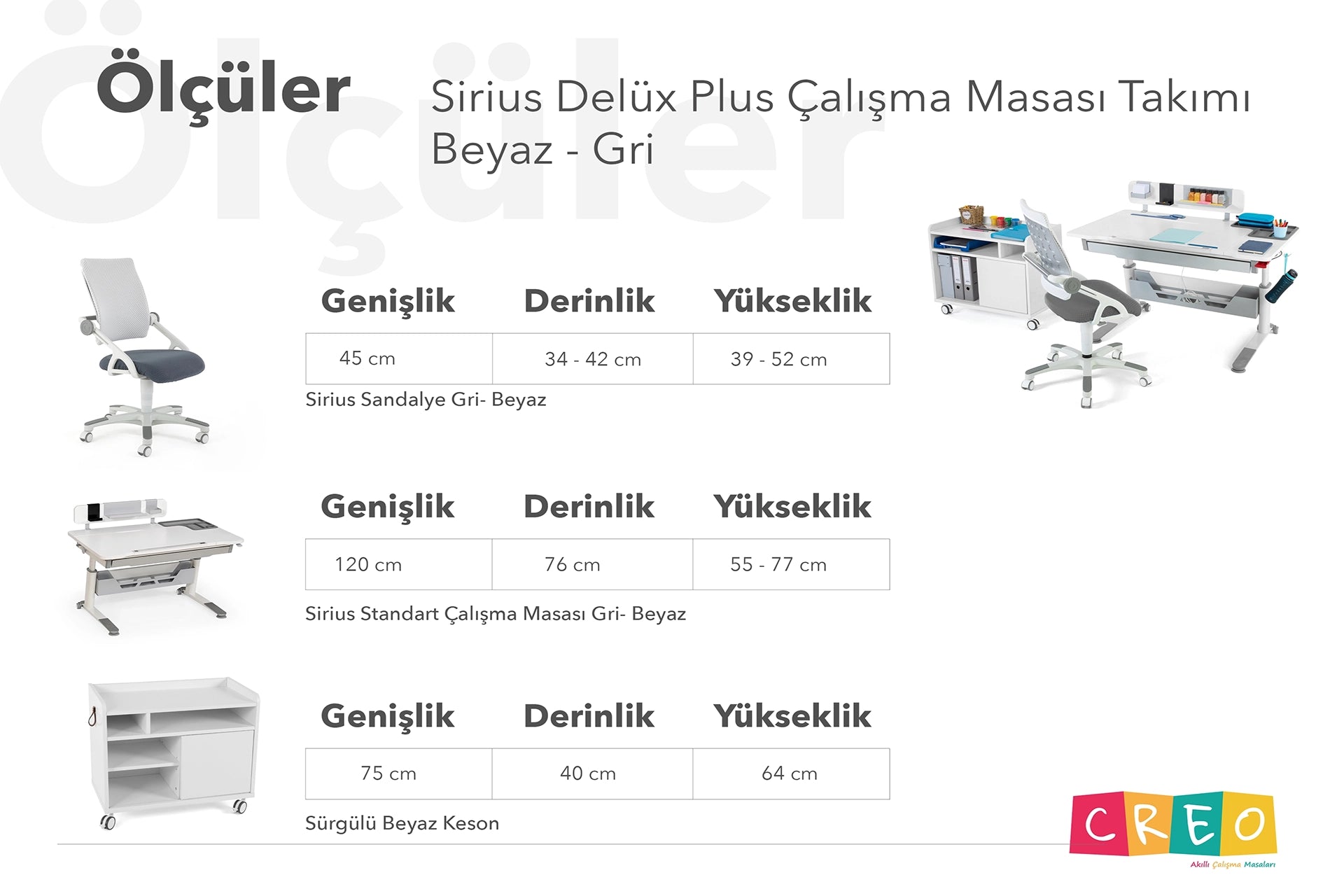 Sirius Delüx Plus Çalışma Masası Takımı - Beyaz / Gri