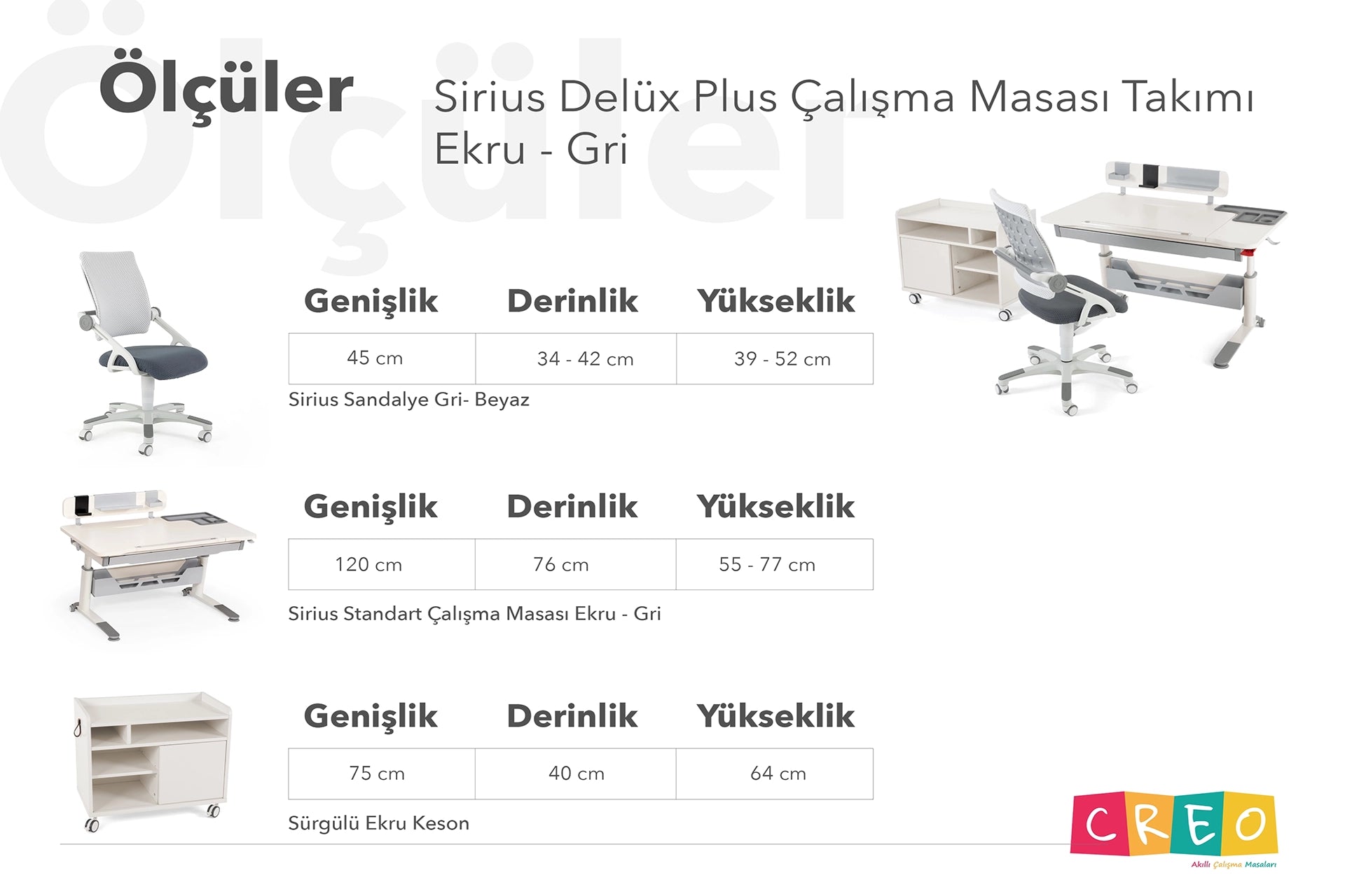 Sirius Delüx Plus Çalışma Masası Takımı - Ekru / Gri