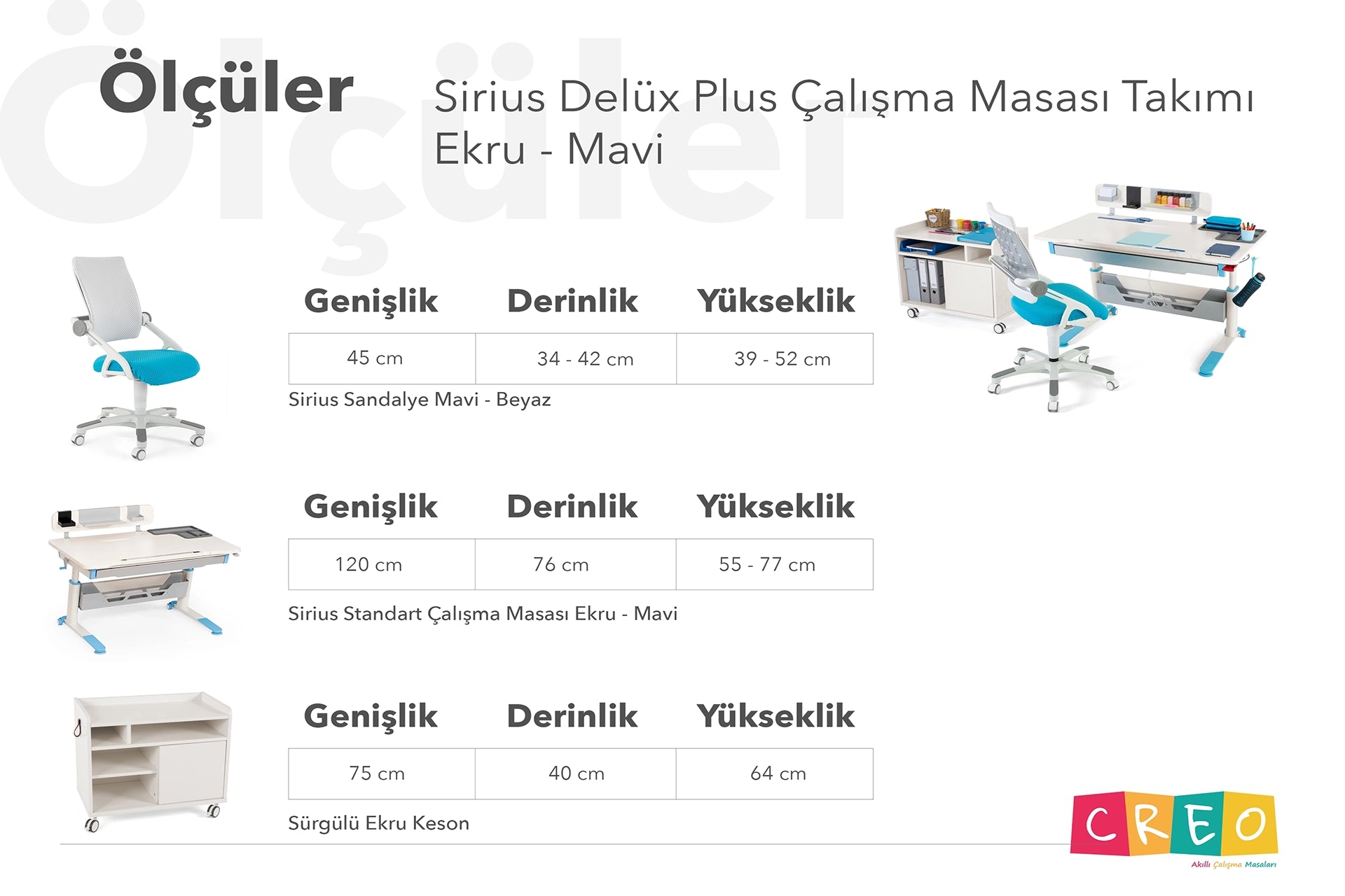 Sirius Delüx Plus Çalışma Masası Takımı - Ekru / Mavi