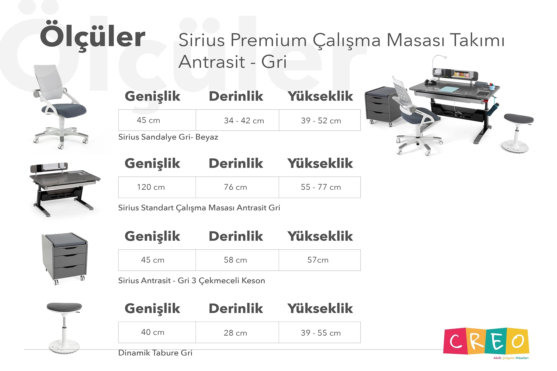 Sirius Premium Çalışma Masası Takımı - Antrasit / Gri