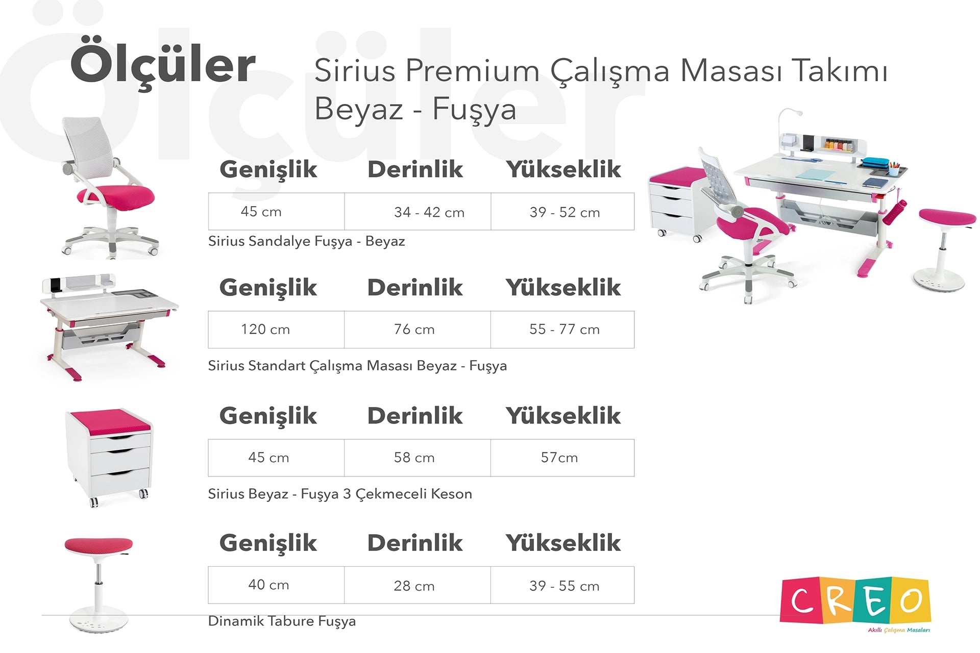 Sirius Premium Çalışma Masası Takımı - Beyaz / Fuşya