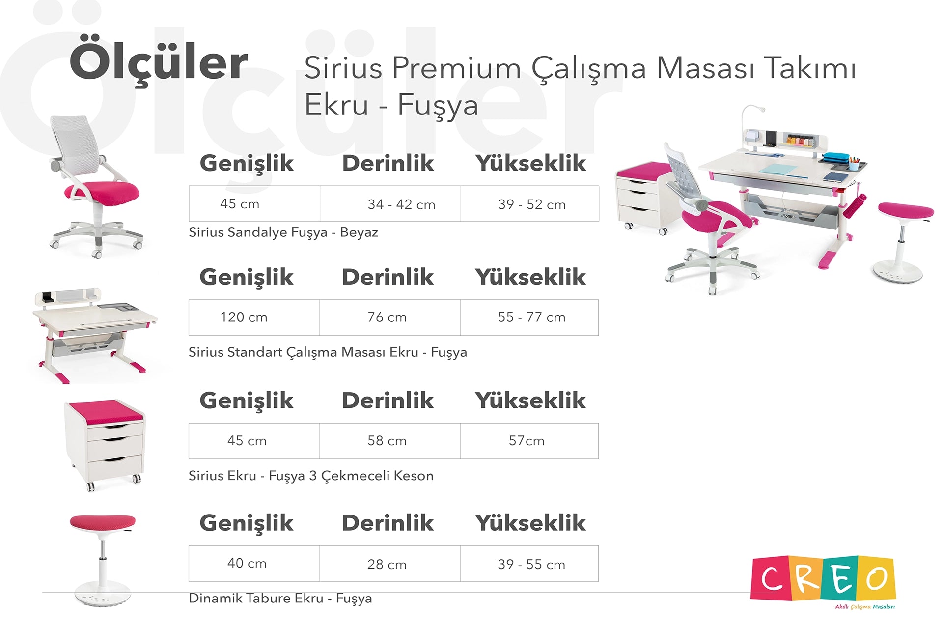 Sirius Premium Çalışma Masası Takımı - Ekru / Fuşya