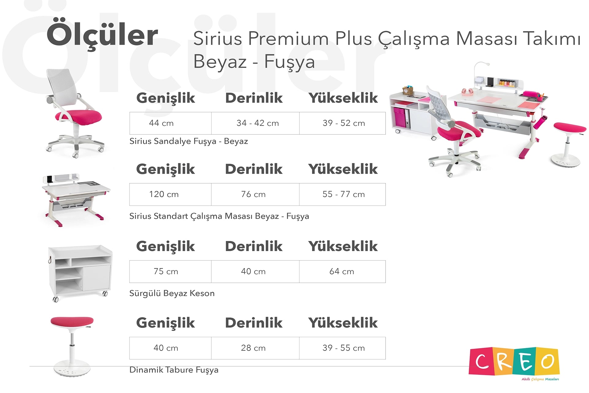 Sirius Premium Plus Çalışma Masası Takımı - Beyaz / Fuşya