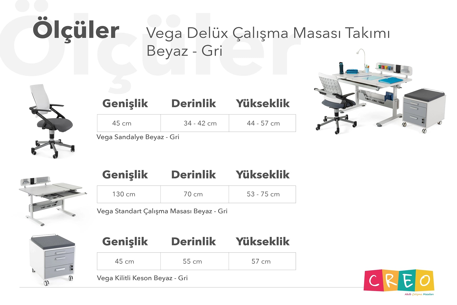 Vega Delüx Çalışma Masası Takımı - Beyaz / Gri
