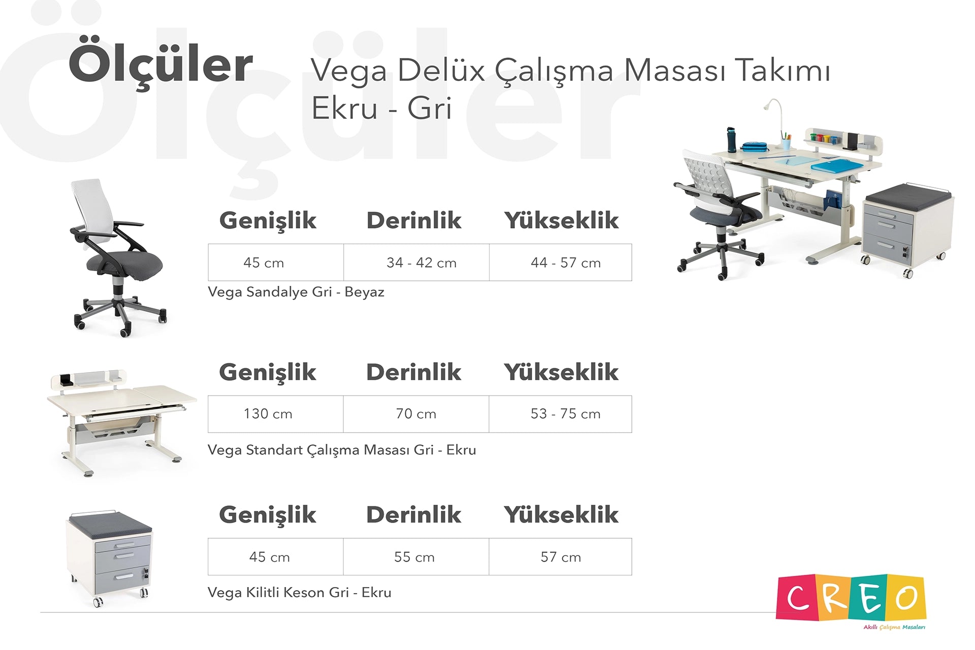 Vega Delüx Çalışma Masası Takımı - Ekru / Gri