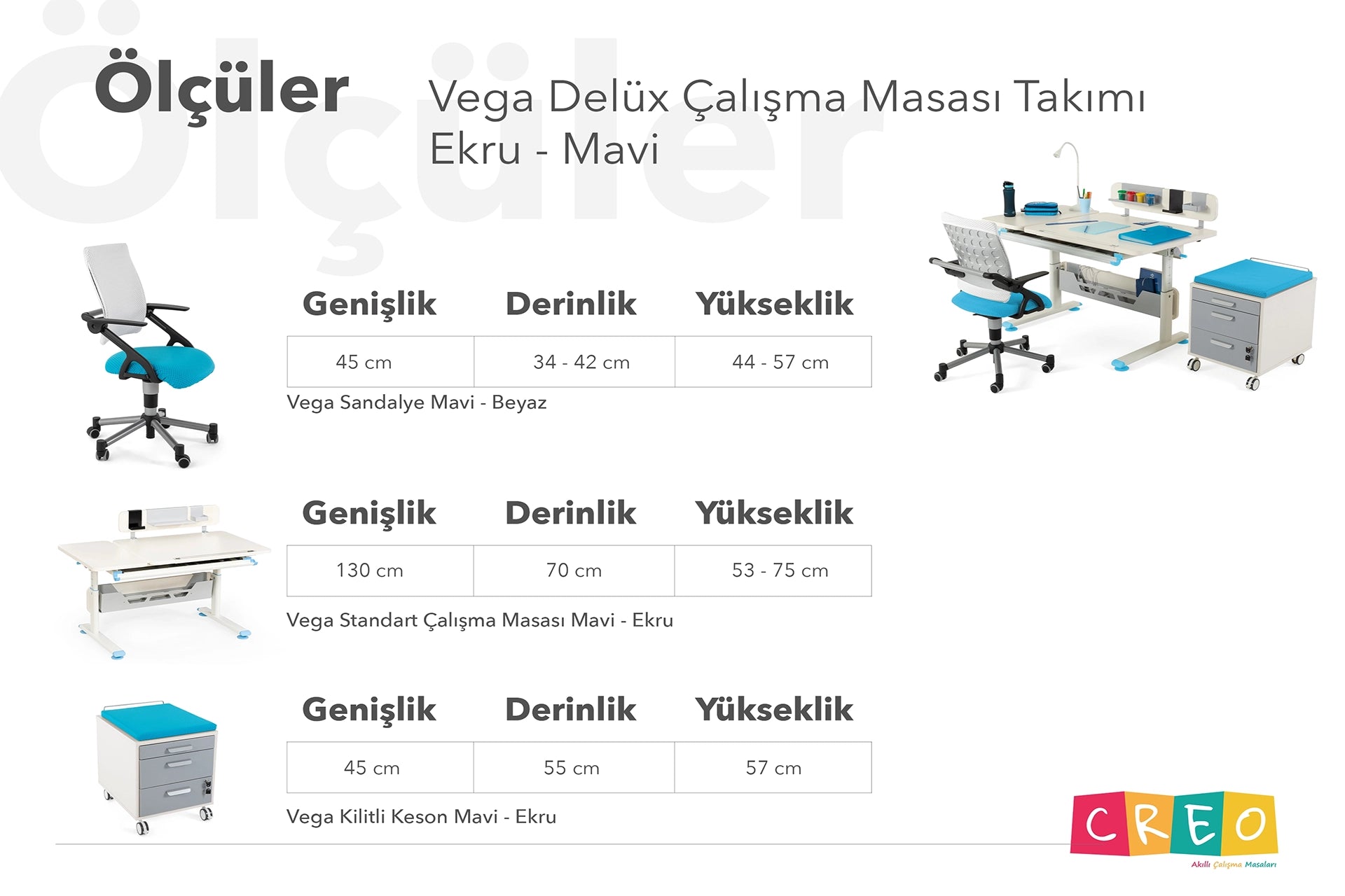 Vega Delüx Çalışma Masası Takımı - Ekru / Mavi