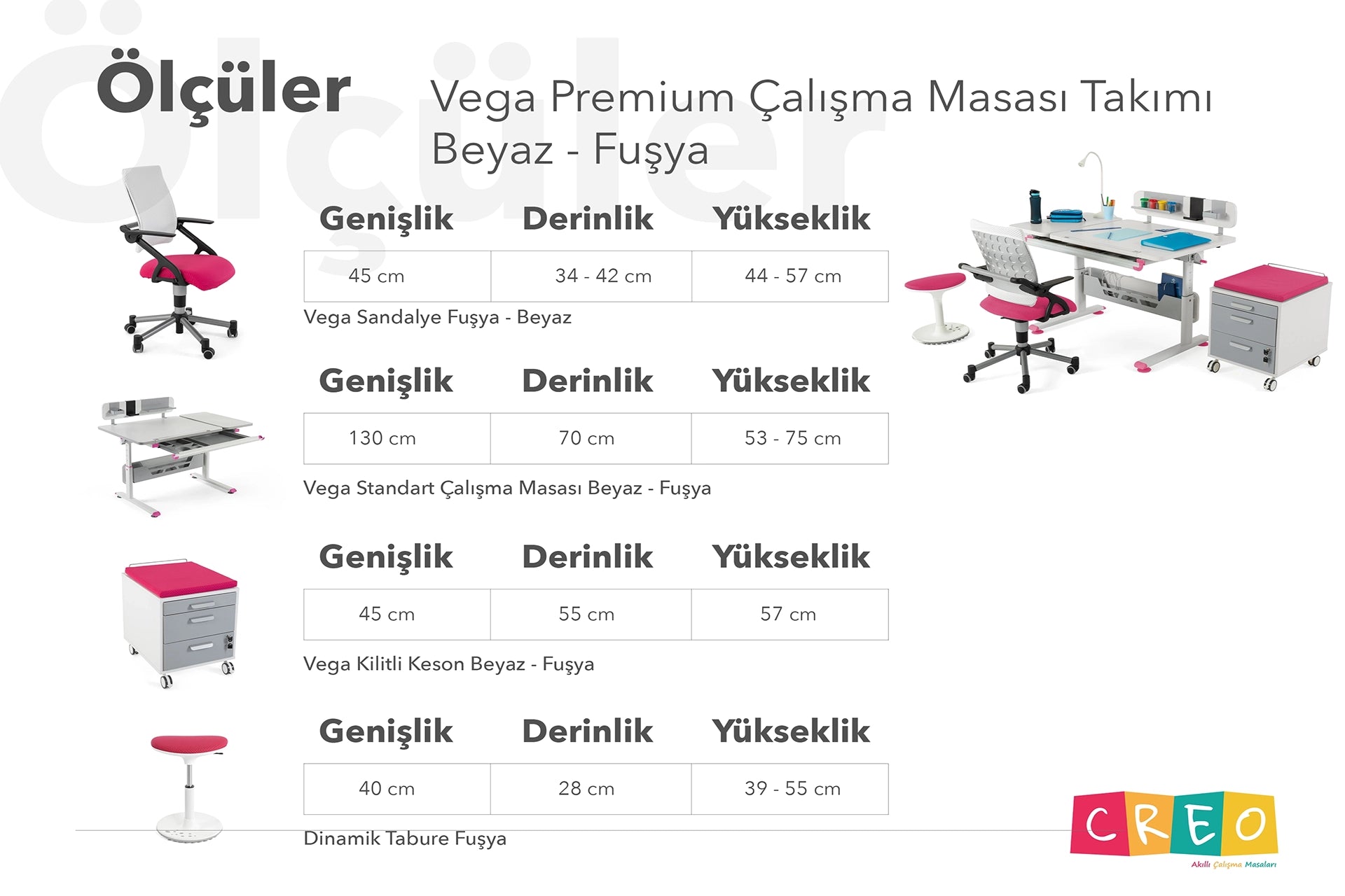 Vega Premium Çalışma Masası Takımı - Beyaz / Fuşya