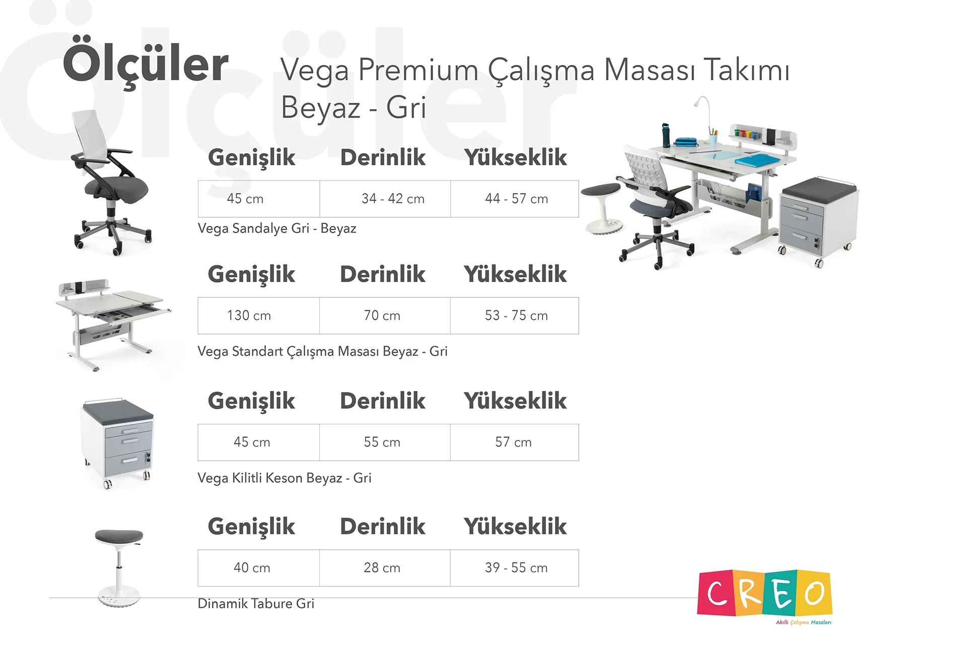 Vega Premium Çalışma Masası Takımı - Beyaz / Gri