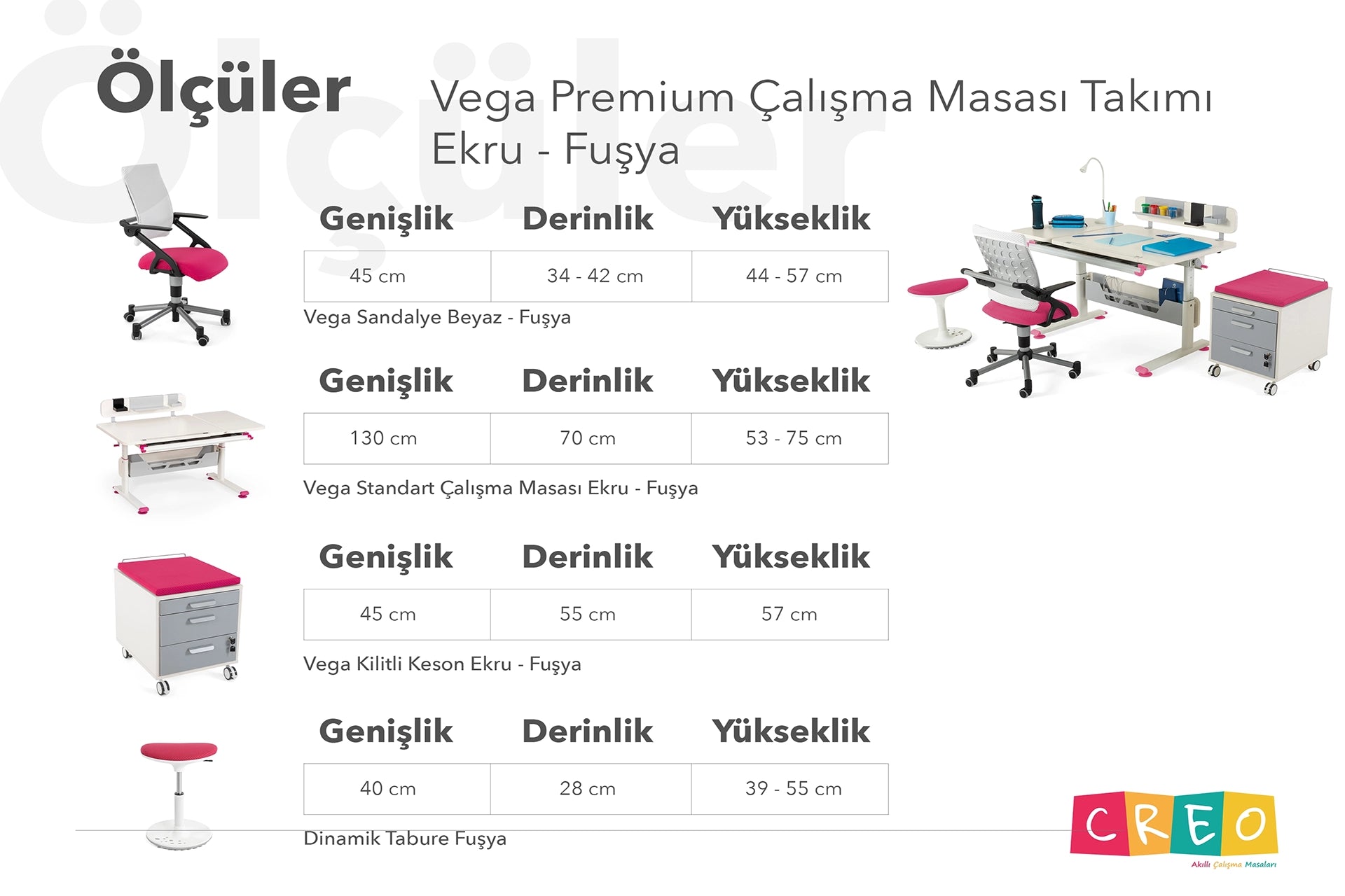 Vega Premium Çalışma Masası Takımı - Ekru / Fuşya