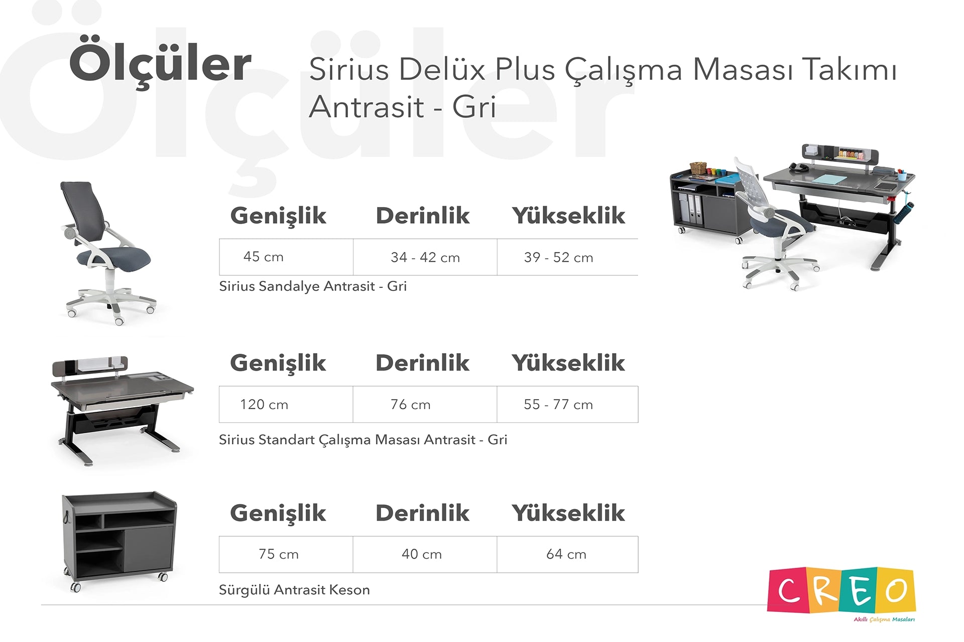 Sirius Delüx Plus Çalışma Masası Takımı - Antrasit / Gri