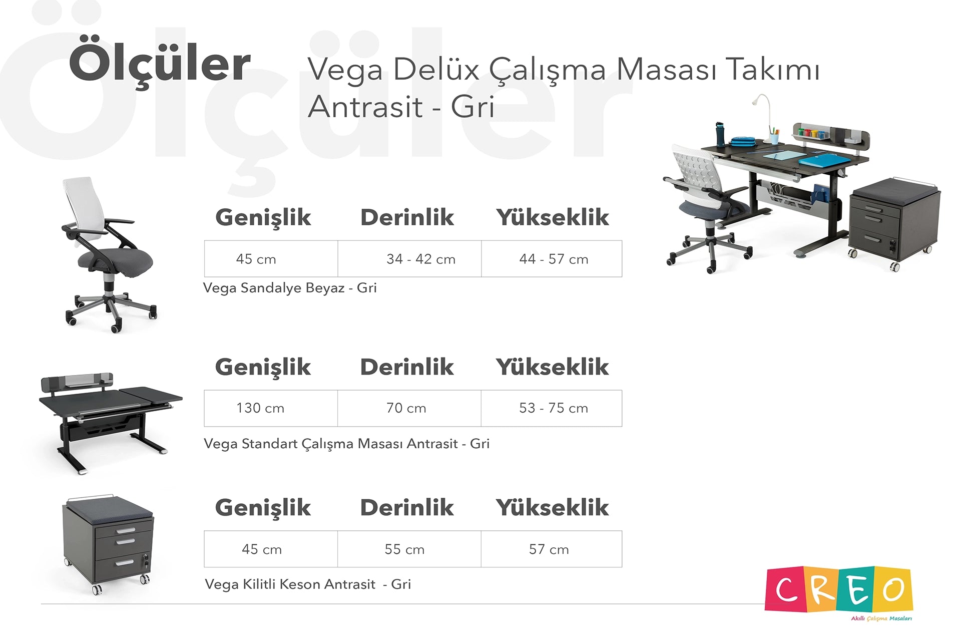 Vega Delüx Çalışma Masası Takımı - Antrasit / Gri