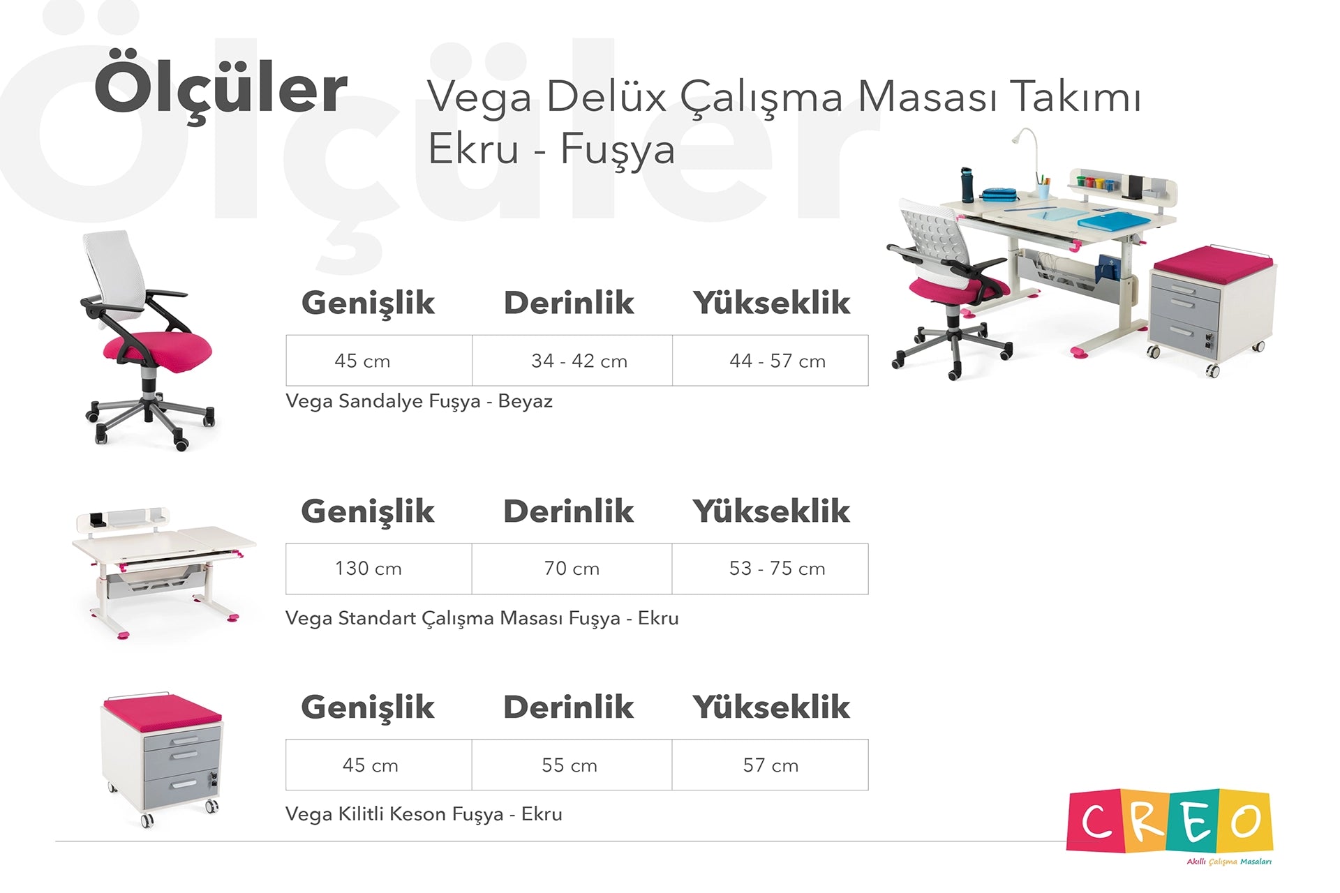 Vega Delüx Çalışma Masası Takımı - Ekru / Fuşya