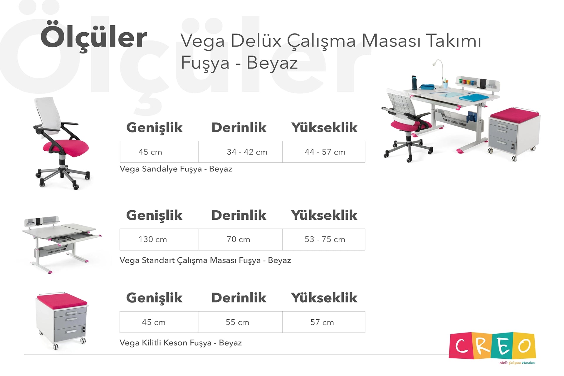 Vega Delüx Çalışma Masası Takımı - Beyaz / Fuşya