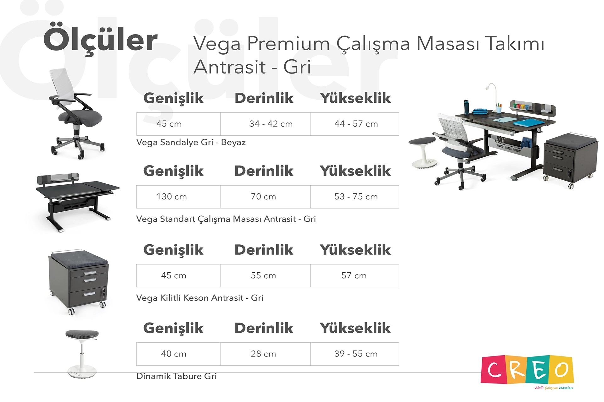 Vega Premium Çalışma Masası Takımı - Antrasit / Gri