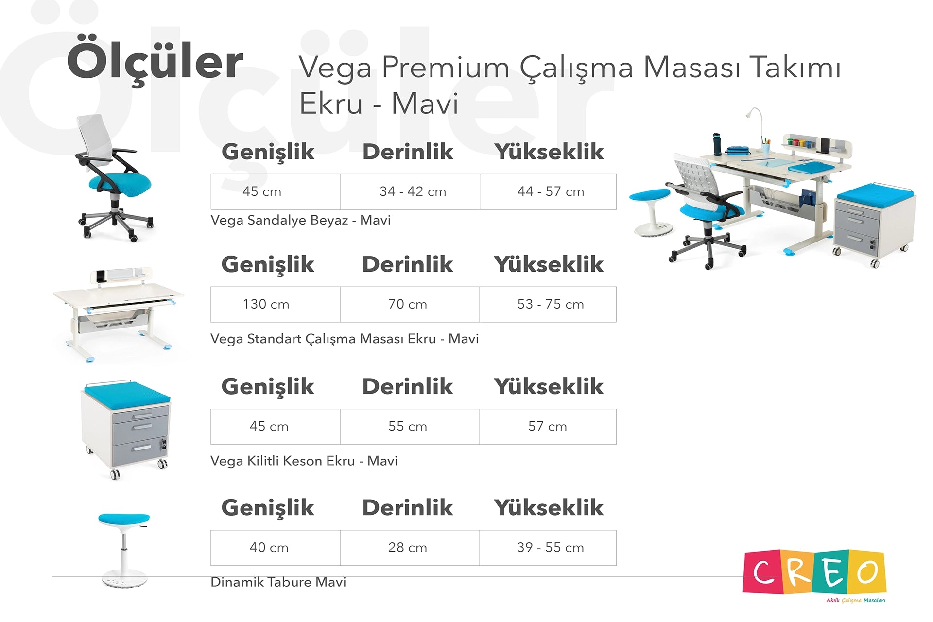 Vega Premium Çalışma Masası Takımı - Ekru / Mavi