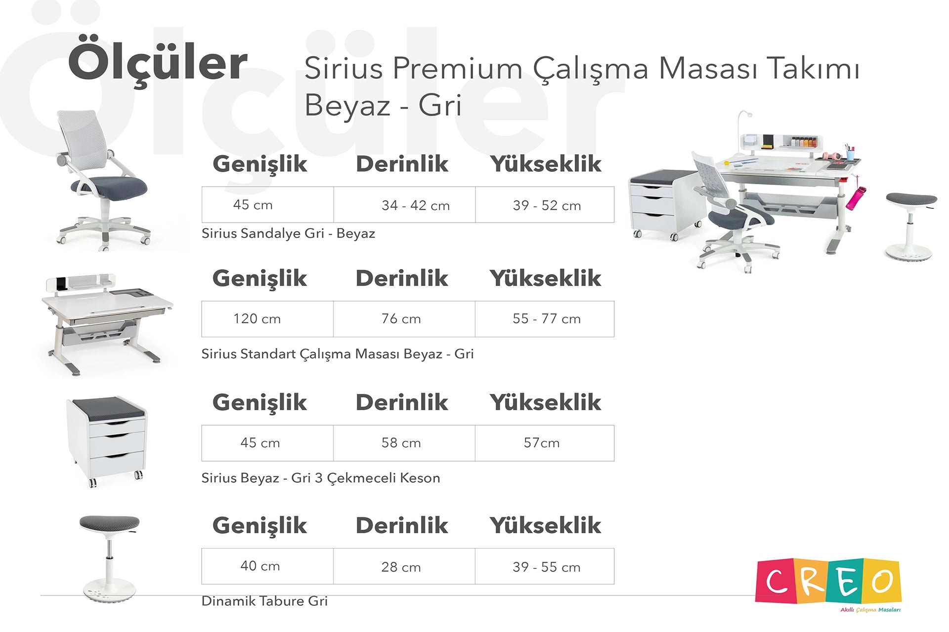 Sirius Premium Çalışma Masası Takımı - Beyaz / Gri