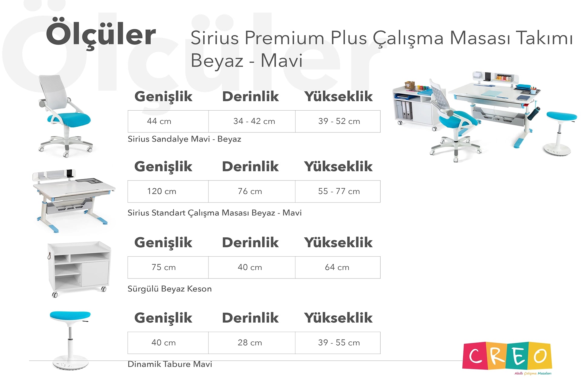 Sirius Premium Plus Çalışma Masası Takımı - Beyaz / Mavi