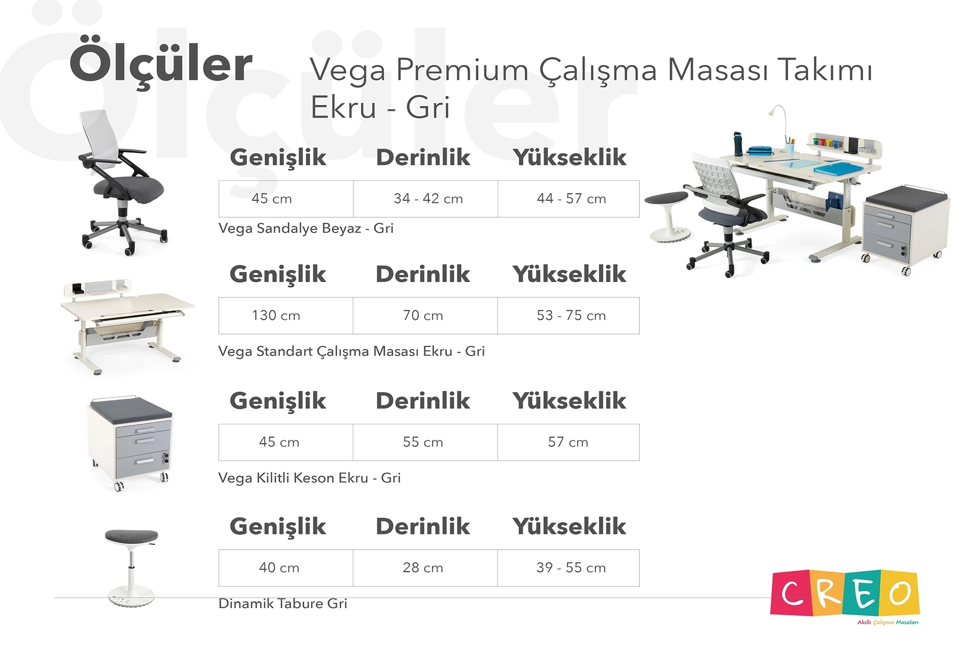 Vega Premium Çalışma Masası Takımı - Ekru / Gri
